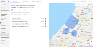 Google Ads interface voor locatie targeting